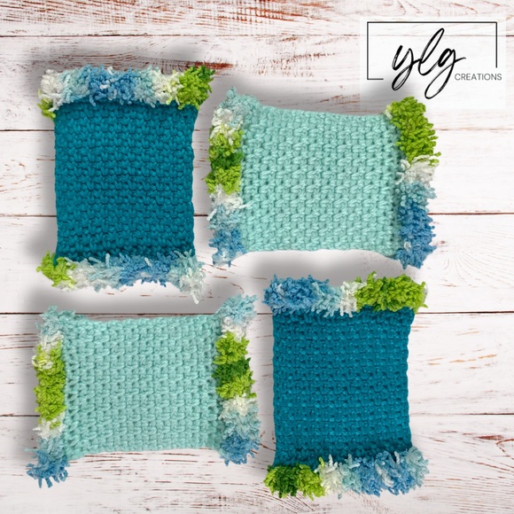 Mug Rugs Handmade Crochet Turquoise Blue Green White Cotton Fringe 4 Coasters - Picture 1 of 7